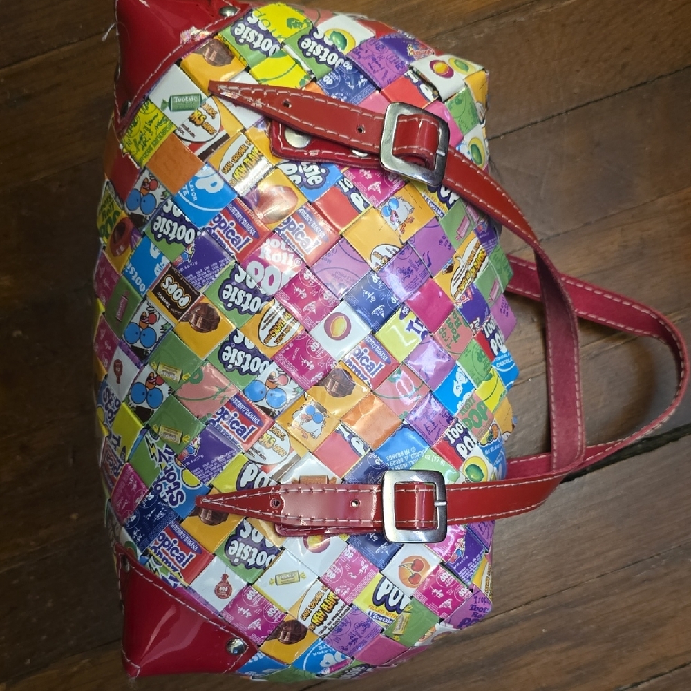 Y2k Colorful Woven Rotsie Pop Wrapper Tote Bag with Red Accents